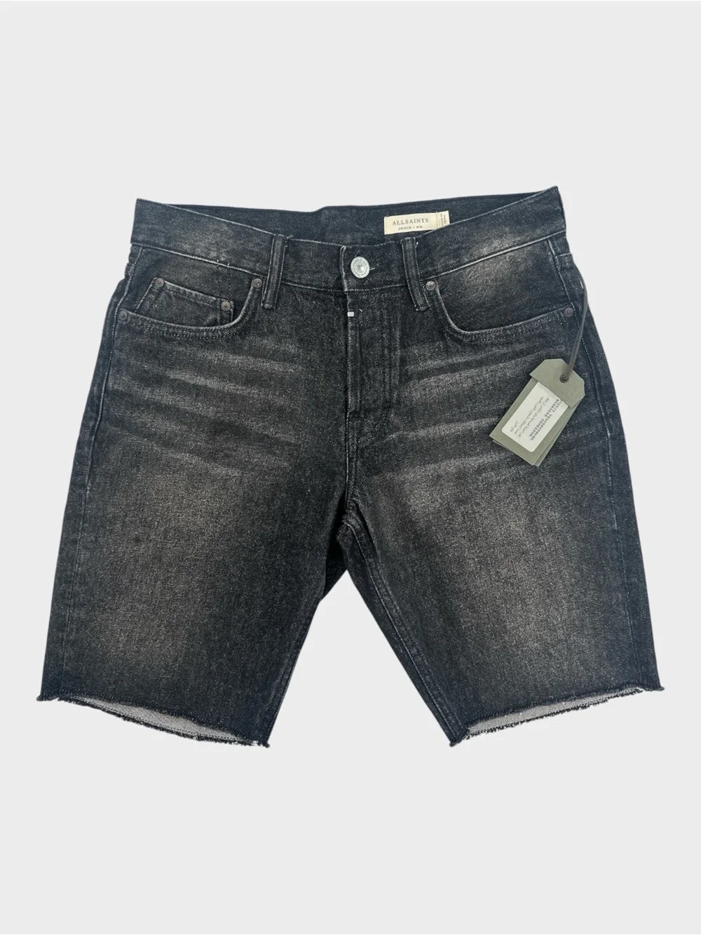 AllSaints Switch Skinny Denim Shorts Washed Black Button Fly Grunge Minimal W30